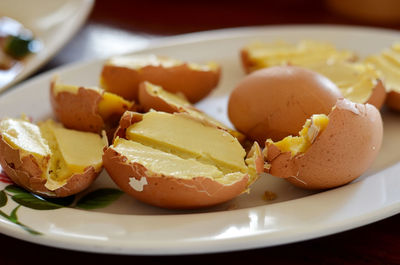 Close-up of breakfast served on table