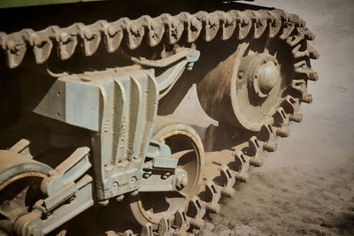 Close-up of caterpillar track of armored tank