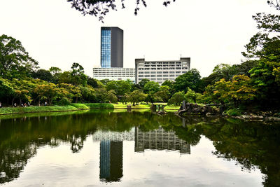 Reflection of trees and buildings in lake