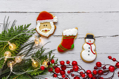 High angle view of christmas decorations on table