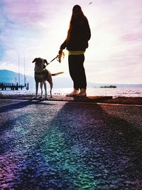 Rear view of silhouette man and woman walking on beach