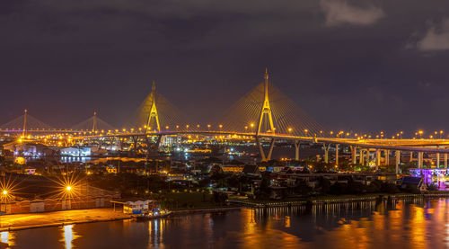 Illuminated bridge over river against sky at night