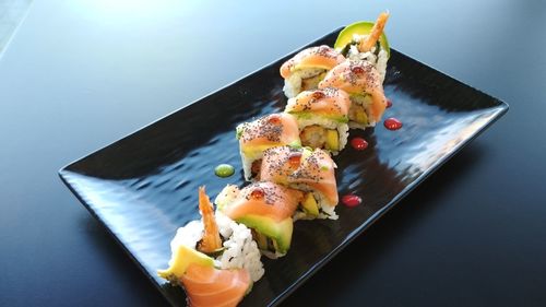 Close-up of sushi served in plate