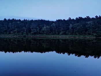 Scenic view of lake against clear blue sky