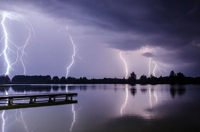 Panoramic view of lightning in sky at night