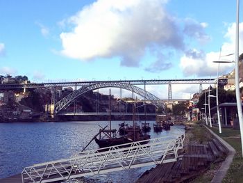 Bridge over river against cloudy sky