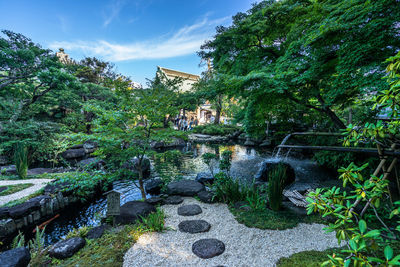 The pretty japanese garden with a pond located at the entrance of hasedera temple, kamakura, japan