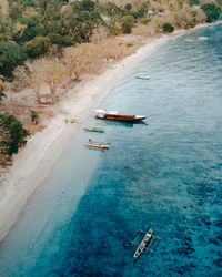 High angle view of ship sailing in sea
