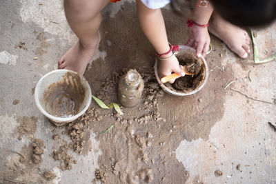 High angle view of woman holding hands