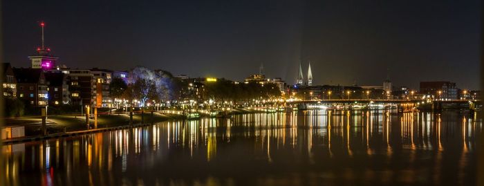 Reflection of illuminated buildings in water at night
