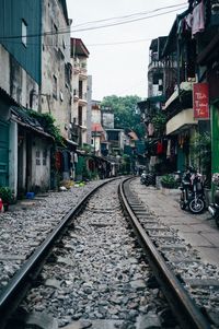 View of railroad tracks amidst buildings in city