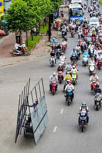 High angle view of people walking on street