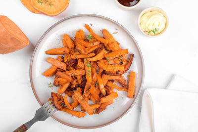 High angle view of food in plate on table