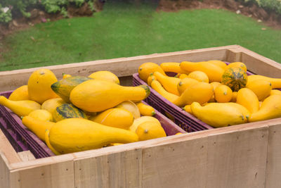High angle view of squash in crate