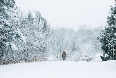 View of man on snow covered field against sky. man walking under snow in park
