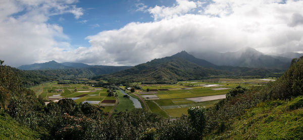 Panoramic view of landscape and mountains against sky