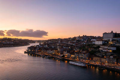 River amidst buildings in city against sky during sunset