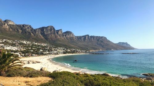 Scenic view of sea against clear blue sky