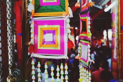 Close-up of illuminated lighting equipment for sale in market