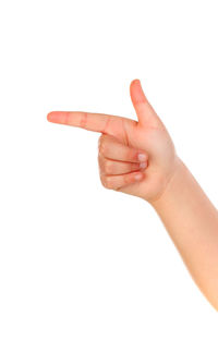 Close-up of human hand against white background