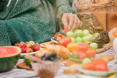 High angle view of fruits in basket on table