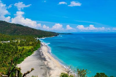 Scenic view of sea against blue sky