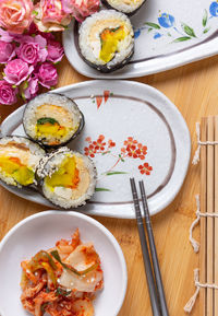 High angle view of breakfast served on table
