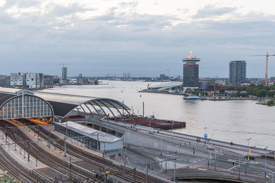 High angle view of amsterdam train station and harbour