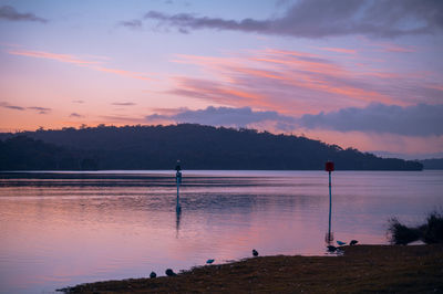 Scenic view of lake against sky during sunset