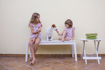 Sisters having flavored ice by dog on table at home