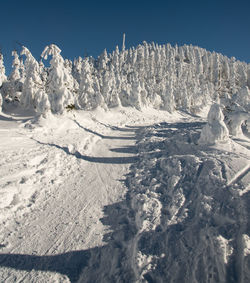 Snow covered land against sky