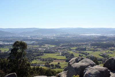 Aerial view of landscape against clear sky