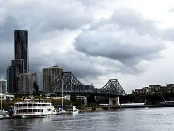 Bridge over river by buildings against sky in city