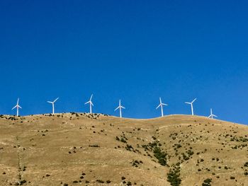 Wind turbines on land against clear blue sky