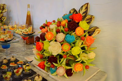 High angle view of multi colored vegetables on table