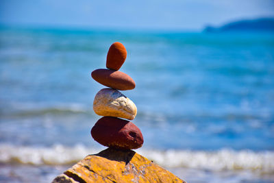 Close-up of rock on beach against sky