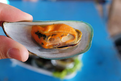 Close-up of hand holding crab in water