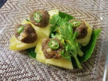 High angle view of food in plate on table