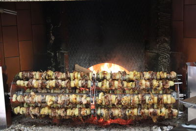 Various food on barbecue grill