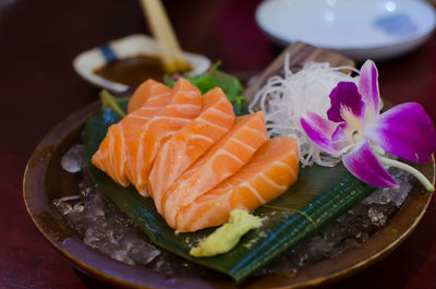 Close-up of seafood on leaf in plate