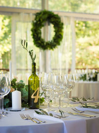 Glass of wine glasses on table at restaurant