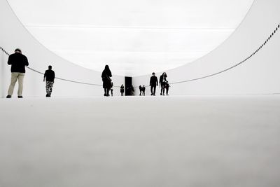 People standing on snow covered landscape against sky