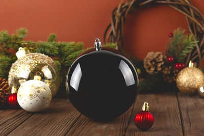 Close-up of christmas decorations on table