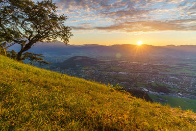 High angle view of valley against sunset