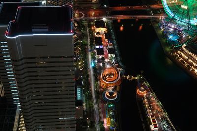 High angle view of illuminated city at night