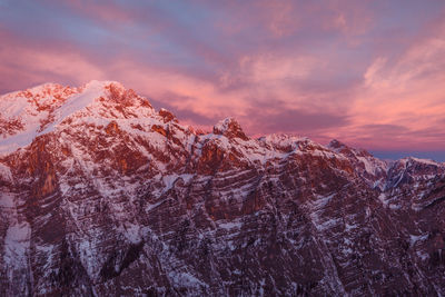 Scenic view of snowcapped mountains against sky during sunset