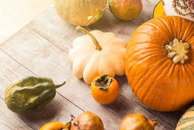 High angle view of pumpkins on table