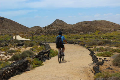 Rear view of man walking on mountain