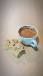 High angle view of coffee on table