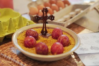 Close-up of dessert in bowl on table
